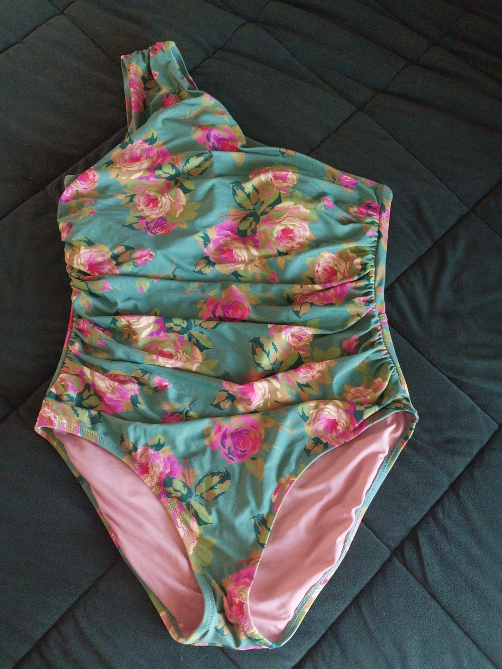 J. Crew Green Floral Swimsuit One Piece Womens 12 Large One Shoulder